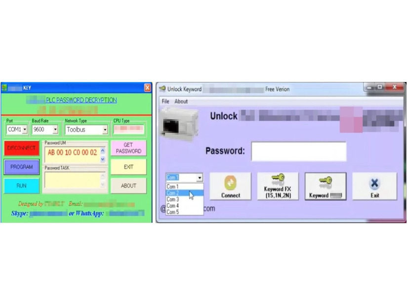 インターネット上で販売されているPLCのパスワード解析ツールの画面例