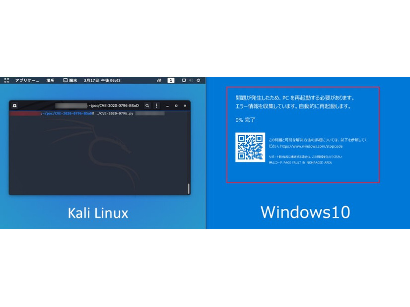 Kali Linux上での概念実証コードの実行とそれによりWindowsがクラッシュした結果