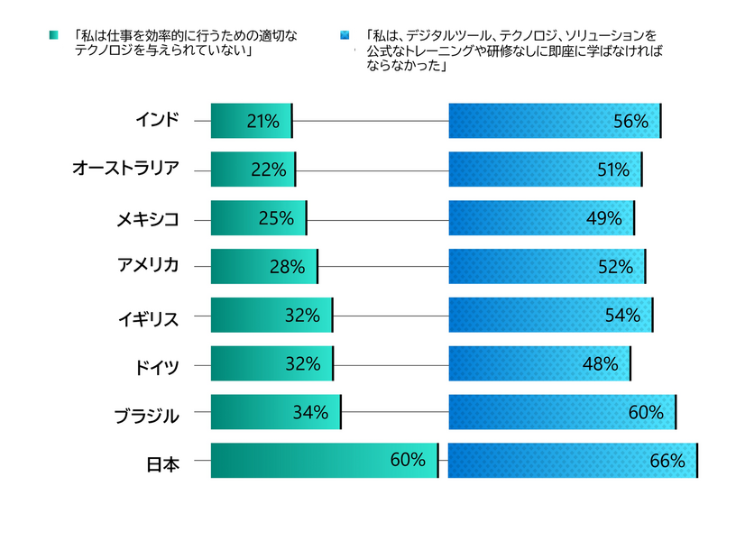 国別の仕事を効果的に行うために必要な技術やトレーニングが不足している現状