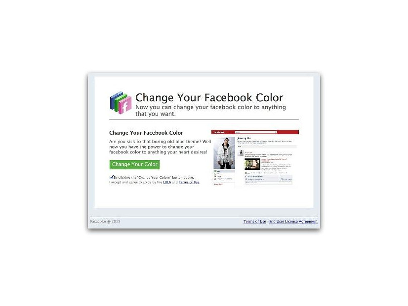 「Change your Facebook Color (Facebook の色を変えよう)」というタイトルのページ