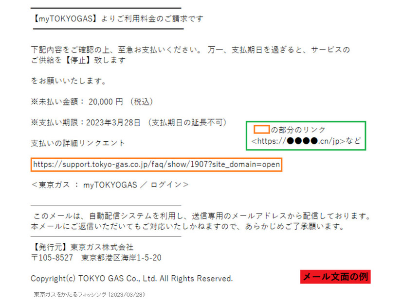 東京ガスを騙るフィッシングメールの文面