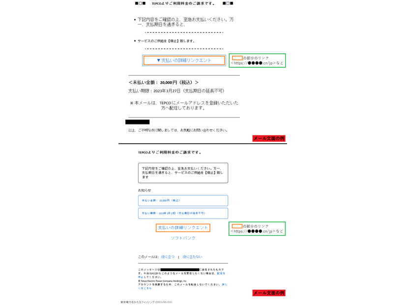 東京電力を騙るフィッシングメールの文面