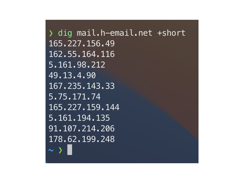 図2：mail.h-email.netドメインの10個のメールサーバ