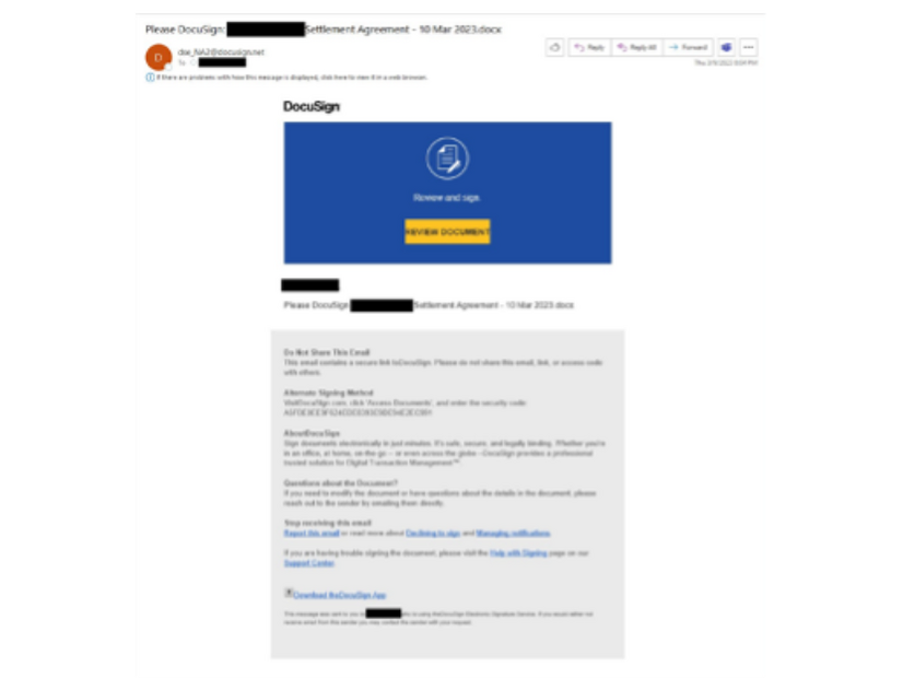 図7. 広範な悪意のあるキャンペーンの一環として、攻撃者がブランドのなりすまし（「DocuSign」を装う）を利用して標的ユーザーに送信したフィッシング脅威の例