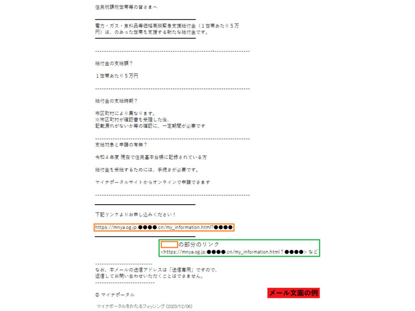 確認されたフィッシングメールの文面