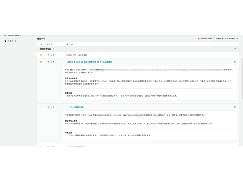 GMOサイバー攻撃ネットde診断エンタープライズの診断結果、項目詳細