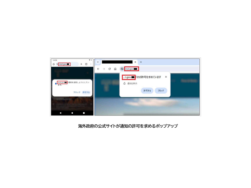 海外政府の公式サイトが通知の許可を求めるポップアップ