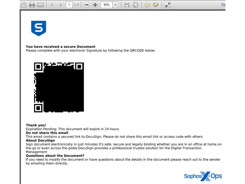 ソフォス社員を狙った QR コード付きフィッシングメール