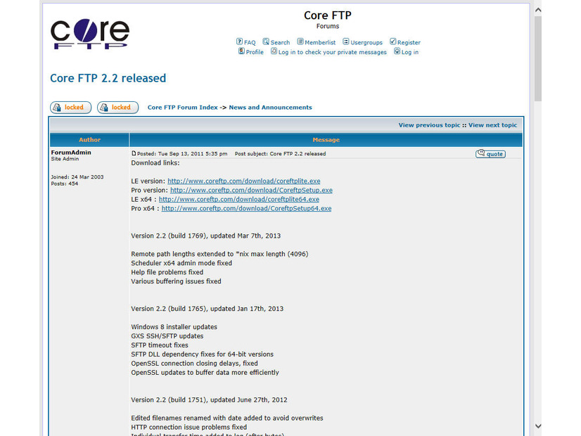Core FTPのアップデートリリースページ
