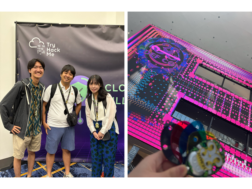 Cloudbaseチーム3人の記念写真とDEF CON会場前