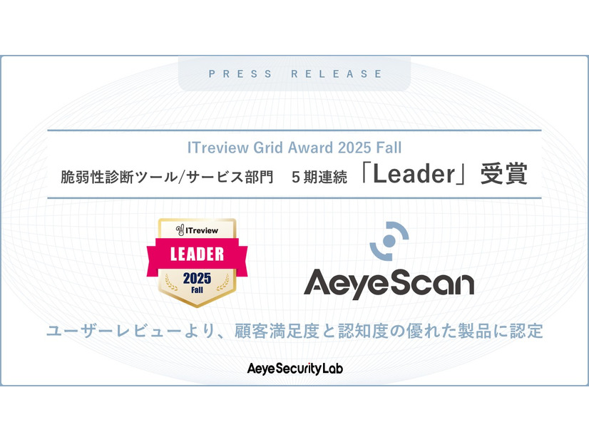 AeyeScanが「ITreview Grid Award 2025 Fall」「脆弱性診断ツール/サービス」部門で5期連続「Leader」に選出