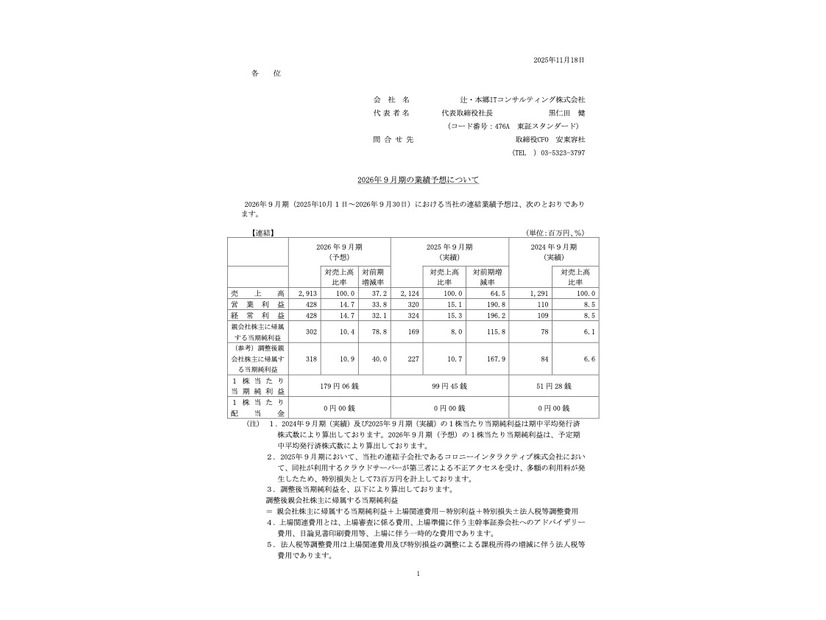 リリース（2026年9月期の業績予想について1）