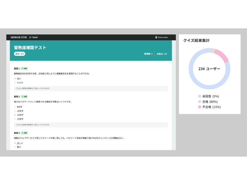 Tadrill e-Learning の画面イメージ。受講者のテスト回答画面（左）と、管理者側の結果集計画面（右）