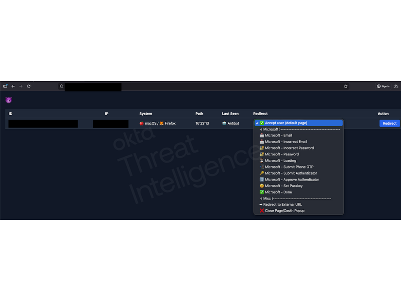 図2：Okta脅威インテリジェンスチームが分析したC2パネル。Microsoftを装ったページ上で、攻撃者が認証フローを制御できる様子を示している