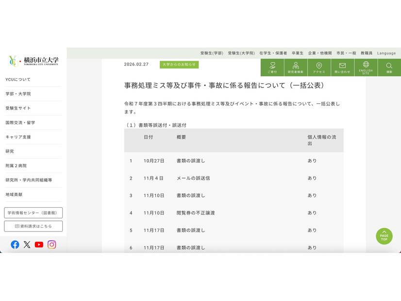 リリース（事務処理ミス等及び事件・事故に係る報告について（一括公表））