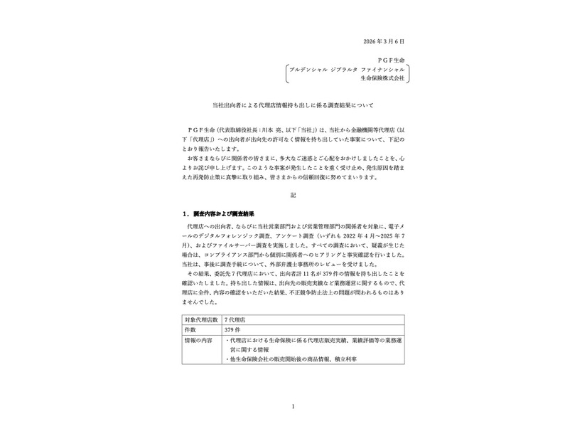 リリース（当社出向者による代理店情報持ち出しに係る調査結果について）