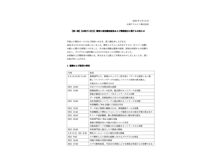 リリース（【第二報】【お詫びと訂正】障害の原因調査結果および業務復旧に関するお知らせ）