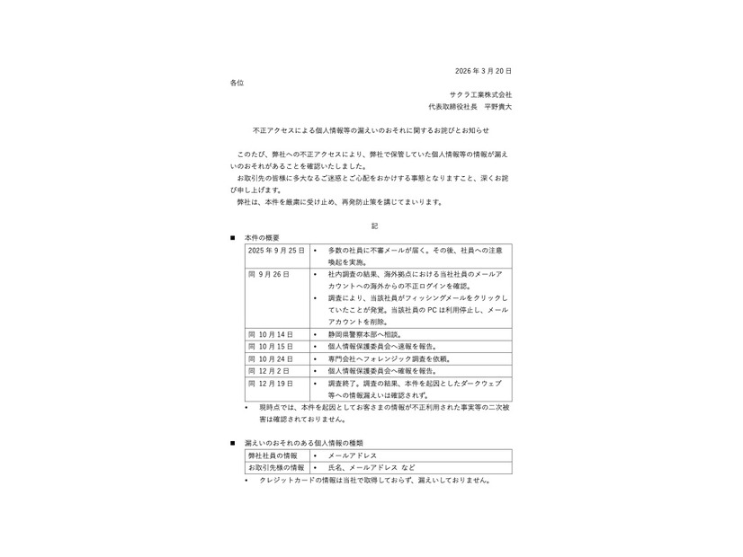 リリース（不正アクセスによる個人情報等の漏えいのおそれに関するお詫びとお知らせ）