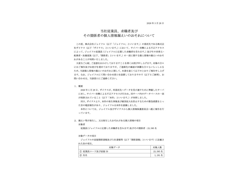 リリース（当社従業員、求職者及びその関係者の個人情報漏えいのおそれについて）