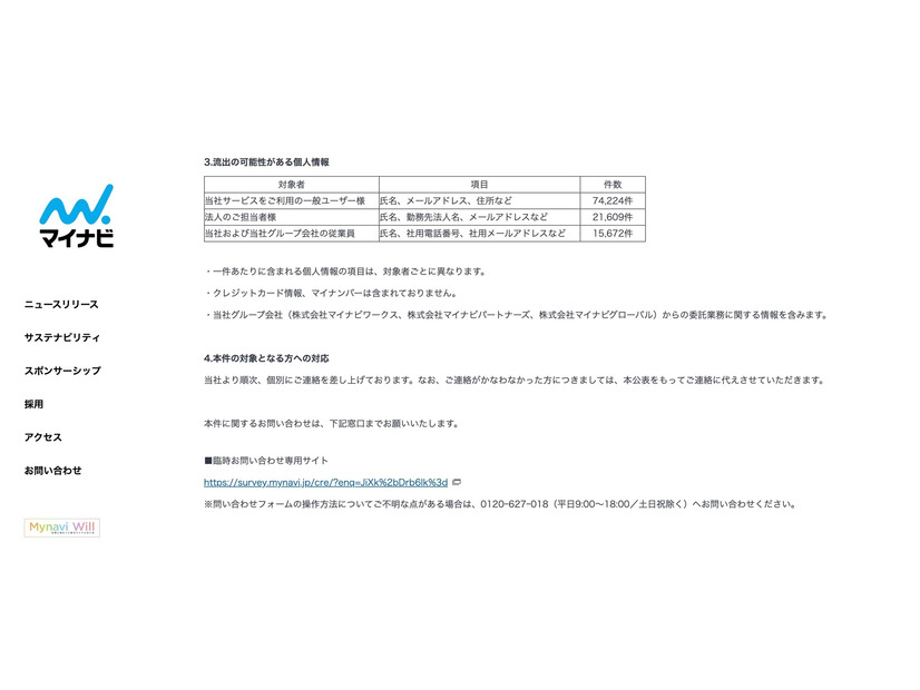 リリース（流出の可能性がある個人情報）