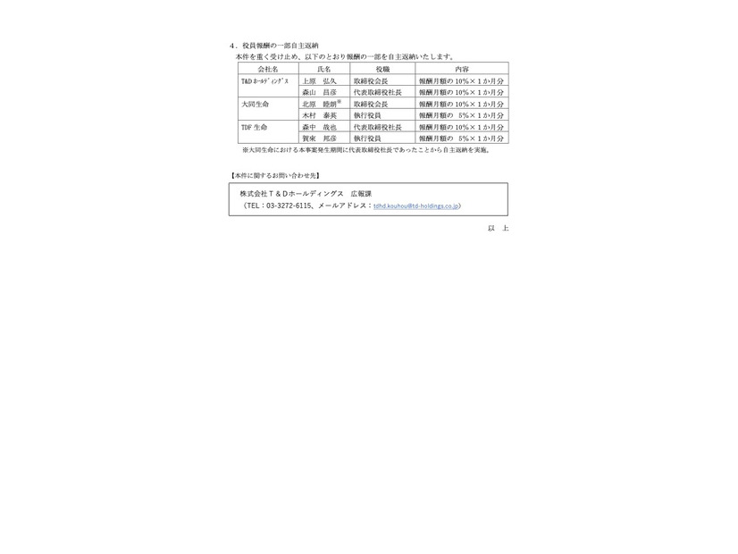 リリース（役員報酬の一部自主返納）