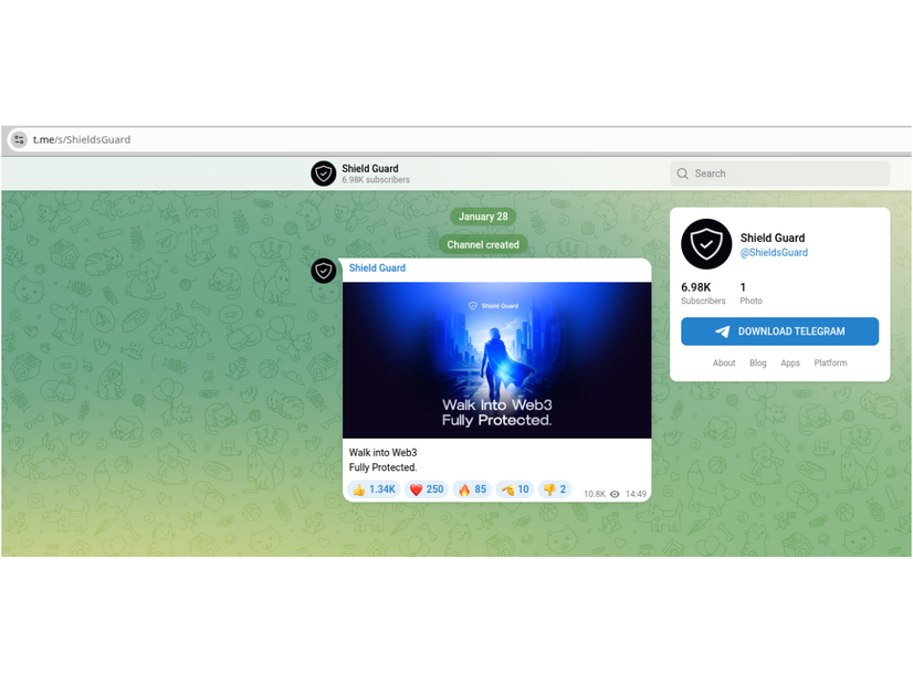 図2： 2026年1月28日に作成されたShieldGuardのTelegramチャンネル。登録者数は7,000人に迫る