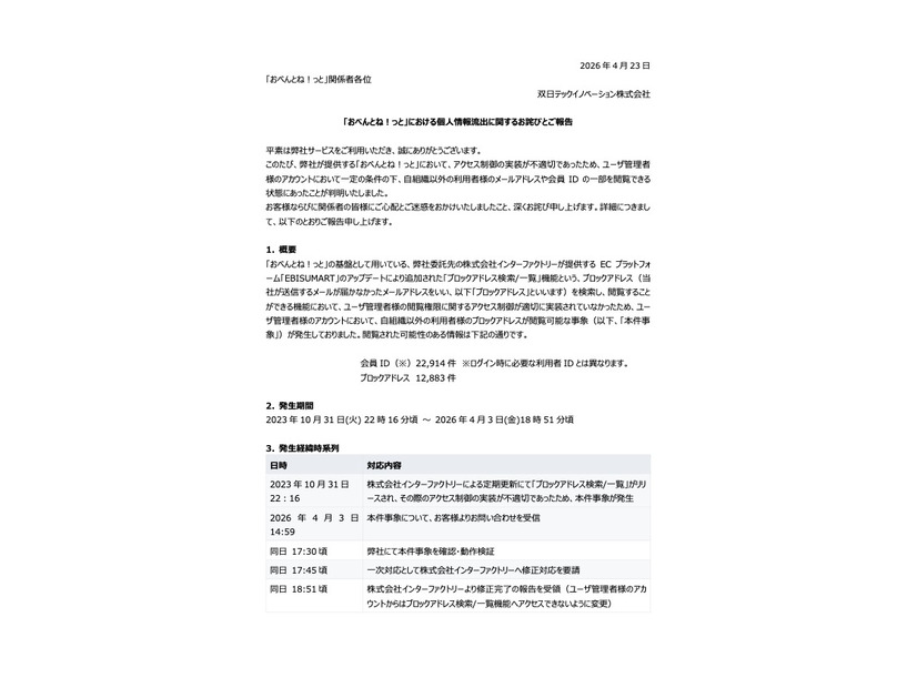 リリース（「おべんとね！っと」における個人情報流出に関するお詫びとご報告）