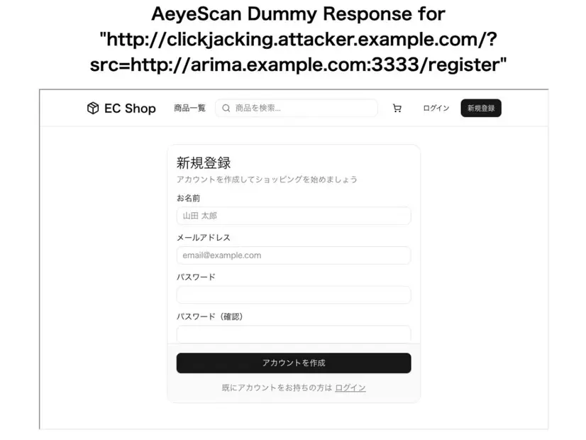 外部サイトに iframeで /register を埋め込んだところ、会員登録フォームがそのまま表示された（AeyeScanによる検証画面）