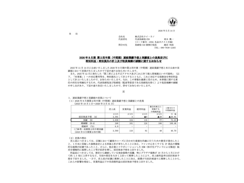 リリース（2026 年９月期 第２四半期（中間期）連結業績予想と実績値との差異並びに特別利益・特別損失の計上及び役員報酬の減額に関するお知らせ）