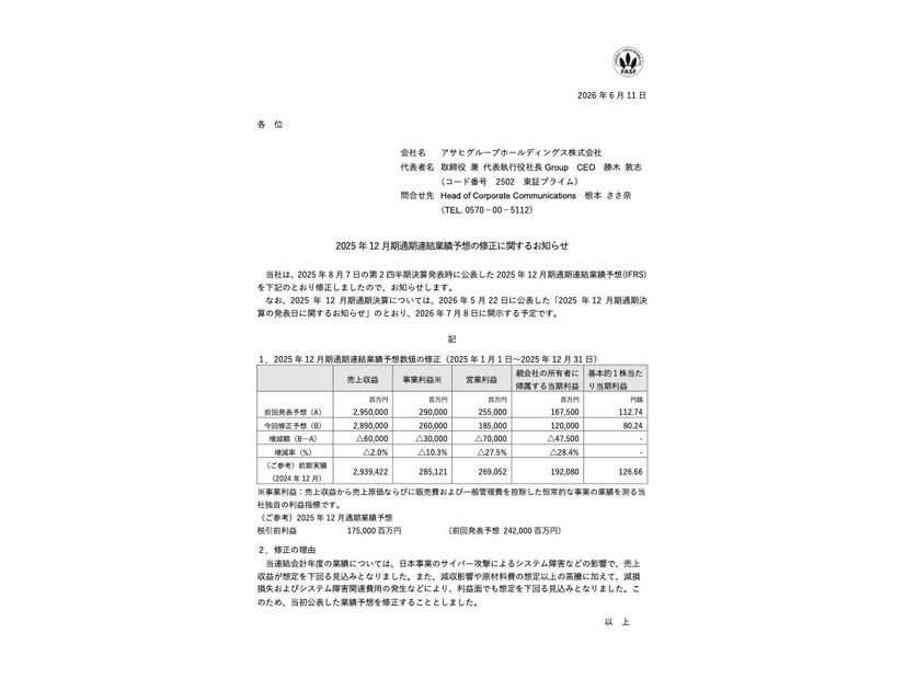 リリース（2025 年12 月期通期連結業績予想の修正に関するお知らせ）