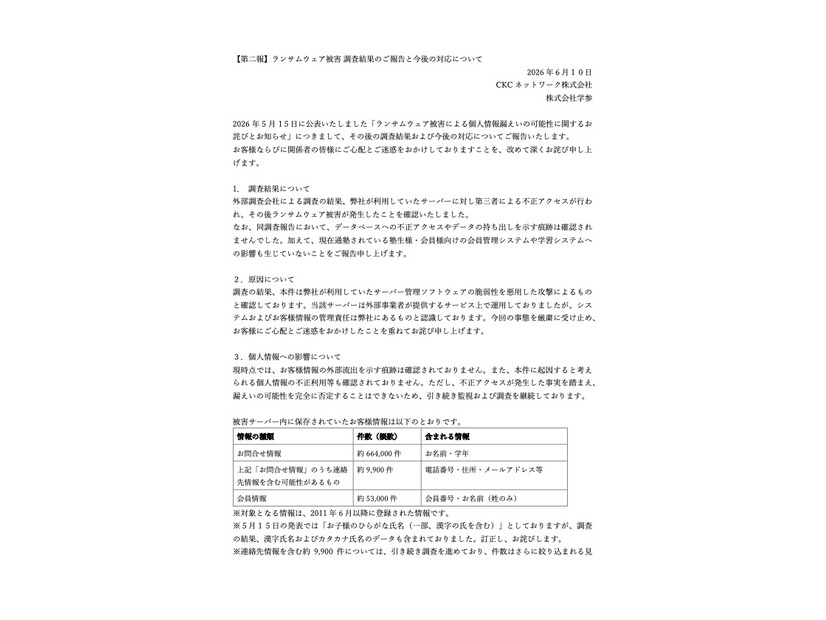 リリース（【第二報】ランサムウェア被害 調査結果のご報告と今後の対応について）