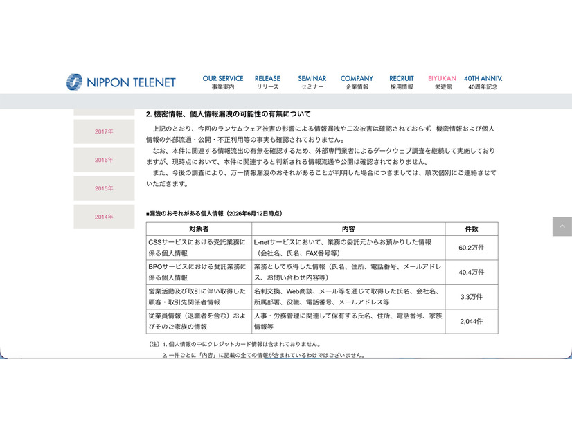 リリース（機密情報、個人情報漏洩の可能性の有無について）