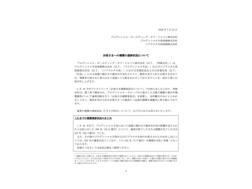リリース（お客さまへの補償の進捗状況について）