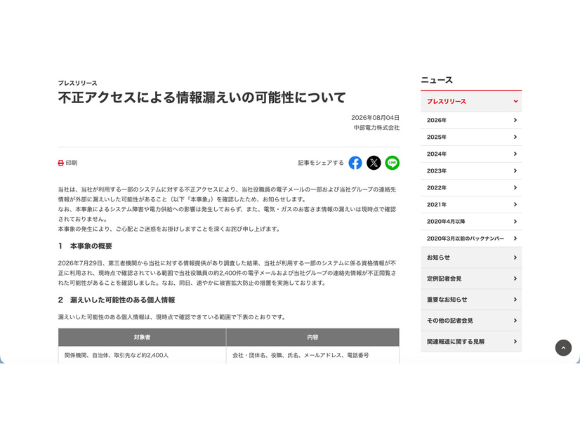 リリース（不正アクセスによる情報漏えいの可能性について）