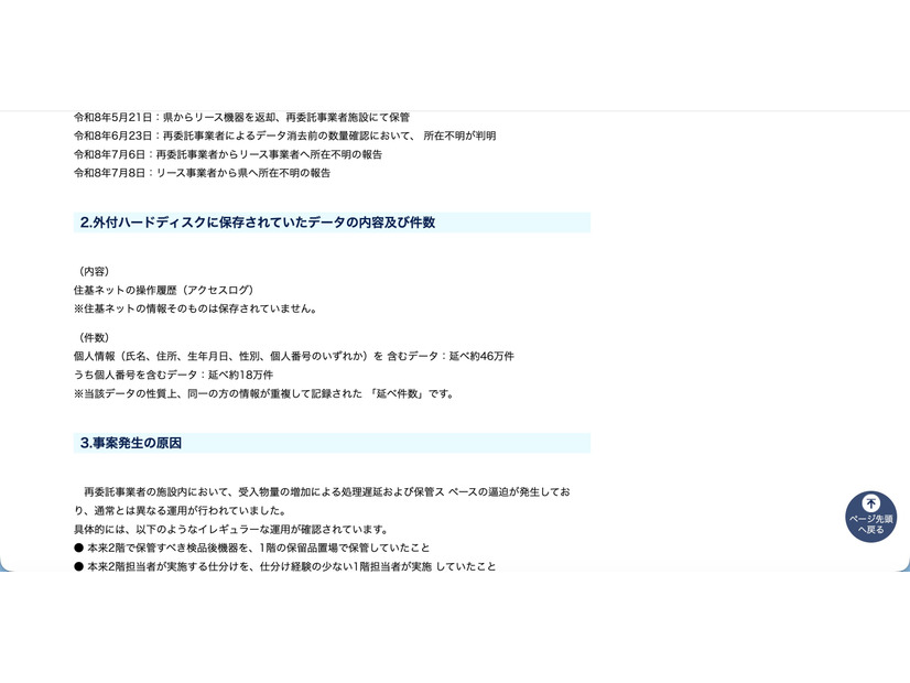 リリース（外付ハードディスクに保存されていたデータの内容及び件数）