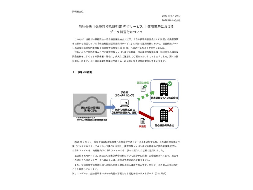リリース（当社受託「保険料控除証明書 発行サービス 」運用業務におけるデータ誤送付について）