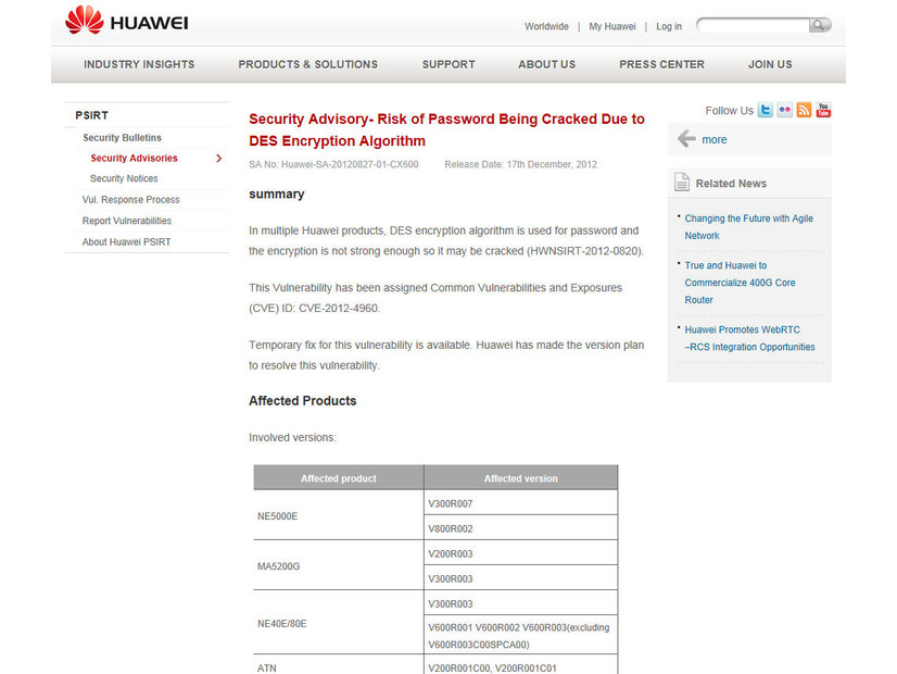 Huawei のセキュリティアドバイザリ（英語）