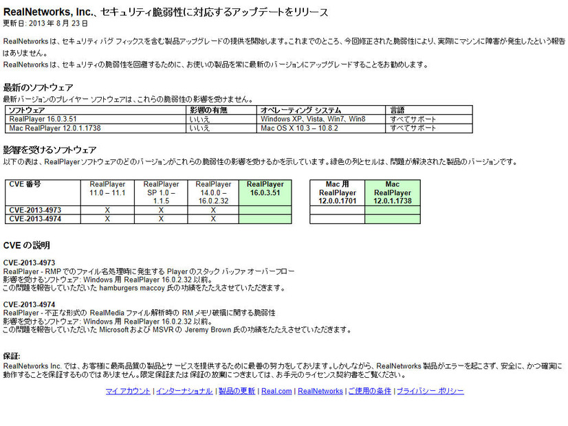 RealNetworksによるアップデート情報