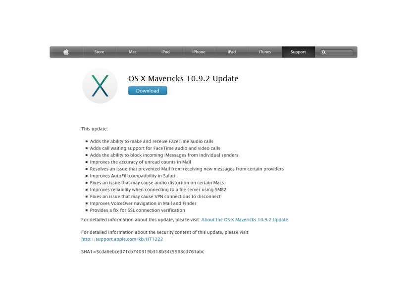 「OS X Mavericks 10.9.2 Update」サポートページ