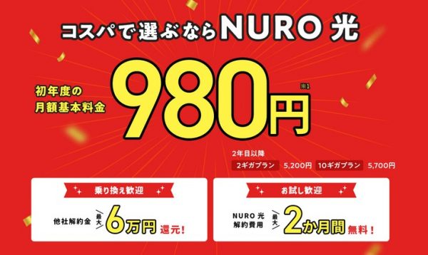 NURO光　月額基本料金980円　初年度