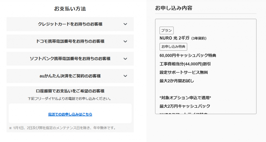 NURO 光　申し込み画面